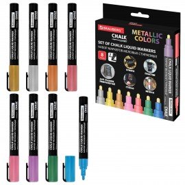 Маркеры меловые CHALK LIQUID MARKER, МЕТАЛЛИК НАБОР 8 ЦВ, 3 мм, стираемые, BRAUBERG "CHALK", 152599