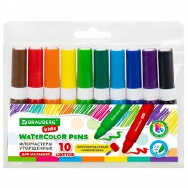 Фломастеры супер смываемые толстые для малышей BRAUBERG KIDS, 10 цветов, ПВХ-упаковка, 152605