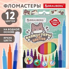 Фломастеры кросс-серия МИЛЫЕ КОТЫ, 12 цветов, вентилируемый колпачок, картонная коробка с европодвесом, BRAUBERG, 152620