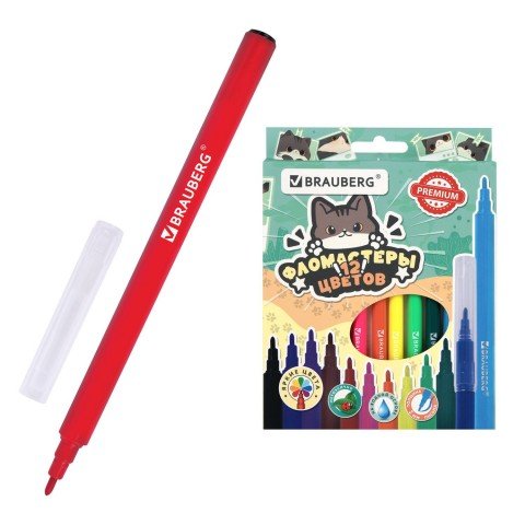 Фломастеры кросс-серия МИЛЫЕ КОТЫ, 12 цветов, вентилируемый колпачок, картонная коробка с европодвесом, BRAUBERG, 152620