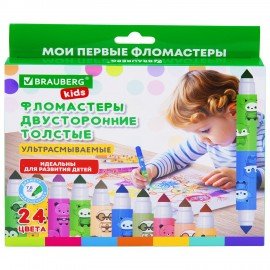 Фломастеры двусторонние толстые для малышей ультрасмываемые 12 штук/24 цвета, BRAUBERG KIDS, 152626