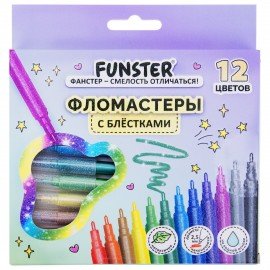 Фломастеры с блестками FUNSTER (ФАНСТЕР) "GLITTER" 12 цветов, ударопрочный наконечник, 152629