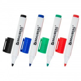 Маркеры стираемые для белой доски НАБОР 4 ЦВЕТА, BRAUBERG "ULTRA WHITEBOARD MARKER", 3 мм, 152635