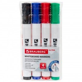 Маркеры стираемые для белой доски НАБОР 4 ЦВЕТА, BRAUBERG "ULTRA WHITEBOARD MARKER", 3 мм, 152635