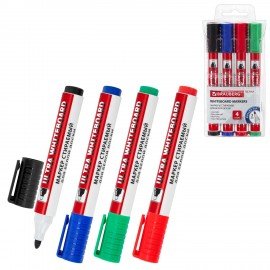 Маркеры стираемые для белой доски НАБОР 4 ЦВЕТА, BRAUBERG "ULTRA WHITEBOARD MARKER", 3 мм, 152635