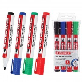 Маркеры стираемые для белой доски НАБОР 4 ЦВЕТА, BRAUBERG "ULTRA WHITEBOARD MARKER", 3 мм, 152635