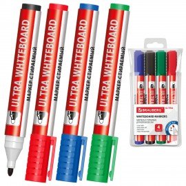 Маркеры стираемые для белой доски НАБОР 4 ЦВЕТА, BRAUBERG "ULTRA WHITEBOARD MARKER", 3 мм, 152635
