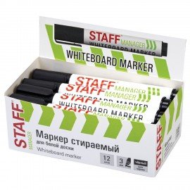 Маркер стираемый для белой доски ЧЕРНЫЙ, STAFF "MANAGER" WBM-300, 3 мм, с клипом, 152636