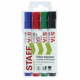 Маркеры стираемые для белой доски НАБОР 4 ЦВЕТА, STAFF "MANAGER" WBM-300, 3 мм, с клипом, 152637
