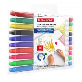 Маркеры для ткани 10 ЦВЕТОВ, TEXTILE MARKER, несмываемые, круглый наконечник 1-3 мм, BRAUBERG, 152656
