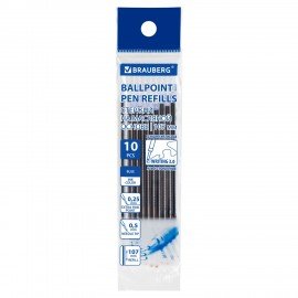 Стержни шариковые масляные с ушками BRAUBERG "WRITING 3.0", 107 мм, КОМПЛЕКТ 10 ШТ, СИНИЕ, игольчатый узел 0,5 мм, 170415