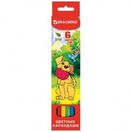 Карандаши цветные BRAUBERG "My lovely dogs", 6 цветов, шестигранные, грифель 3 мм, натуральное дерево, 180518