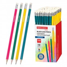 Карандаш чернографитный BRAUBERG, 1 шт., "Fluor", НВ, с ластиком, корпус неоновый ассорти, заточенный, 180613