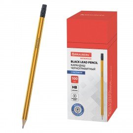 Карандаш чернографитный BRAUBERG, 1 шт., НВ, с ластиком, корпус желтый с черными полосами, заточенный, 180614