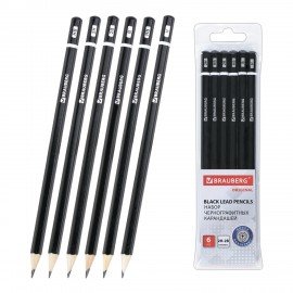 Карандаши чернографитные разной твердости НАБОР 6 штук, 2H-2B, BRAUBERG "Line", 180650