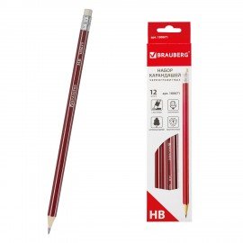Карандаши чернографитные BRAUBERG НАБОР 12 шт., "ZTX", HB, с резинкой, красный корпус, картонная упаковка, 180671