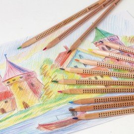 Карандаши цветные BRAUBERG "Цветы", 12 цветов, трехгранные, лакированные, грифель 3 мм, натуральное дерево, 181288