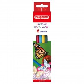 Карандаши цветные ПИФАГОР "БАБОЧКИ", 6 цветов, шестигранные, натуральное дерево, 181350