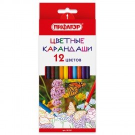 Карандаши цветные ПИФАГОР "БАБОЧКИ", 12 цветов, шестигранные, натуральное дерево, 181351