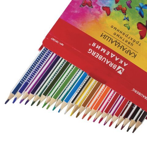 Карандаши цветные BRAUBERG "БАБОЧКИ", 24 цвета, трехгранные заточенные, корпус с полосками, 181367