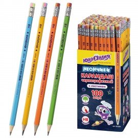 Карандаш чернографитный ЮНЛАНДИЯ, 1 шт., "Неончики", НВ, корпус ассорти, с резинкой, 181589