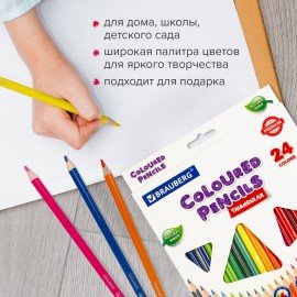 Карандаши цветные BRAUBERG PREMIUM, 24 цвета, трехгранные, грифель 3,3 мм, натуральное дерево, 181653
