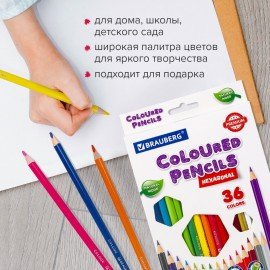 Карандаши цветные BRAUBERG PREMIUM, 36 цветов, шестигранные, грифель 3,3 мм, натуральное дерево, 181659
