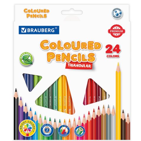 Карандаши цветные BRAUBERG PREMIUM, 24 цвета, пластиковые, трехгранные, грифель 3 мм, 181663
