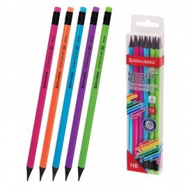 Набор карандашей чернографитных BRAUBERG "ULTRA COLOR" 12 шт., HB, с ластиком, пластиковые, 181710