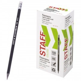 Карандаш чернографитный STAFF "College" BLP-712, 1 шт., НВ, с ластиком, пластик, корпус черный, 181712