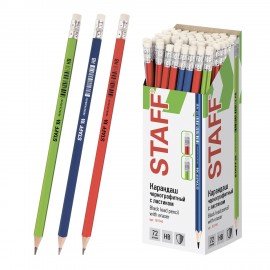 Карандаш чернографитный STAFF "Basic" BLP-744, 1 шт., НВ, с ластиком, пластик, корпус ассорти, 181744