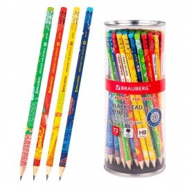 Карандаш чернографитный BRAUBERG "AROUND THE WORLD", 1 шт., HB, с ластиком, корпус ассорти, 181747