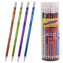 Карандаш чернографитный ЮНЛАНДИЯ "МЕТАЛЛИК", 1 шт., HB, с ластиком, корпус ассорти, 181764