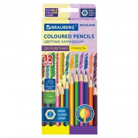 Карандаши с двухцветным грифелем BRAUBERG BICOLOUR, 12 штук, 24 цвета, шестигранные, грифель 3 мм, натуральное дерево, 181855