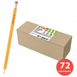 Карандаши чернографитные простые с ластиком HB, ВЫГОДНАЯ УПАКОВКА КОМПЛЕКТ 72 штуки, STAFF, 181882