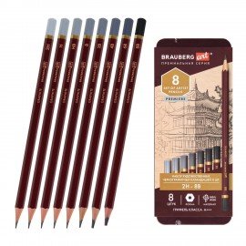 Карандаши чернографитные художественные 2H-8B, НАБОР 8 шт., В ПЕНАЛЕ, BRAUBERG ART "PREMIERE", 181894