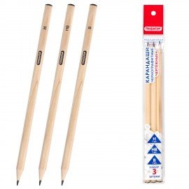 Карандаши чернографитные чертежные школьные разной твердости, НАБОР 3 штуки: Н, НВ, B, ПИФАГОР, 181998