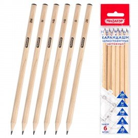 Карандаши чернографитные чертежные школьные разной твердости, НАБОР 6 штук: 2H-2B, ПИФАГОР, 181999