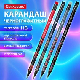 Карандаш чернографитный BRAUBERG "ONI", 1 шт, HB, с ластиком, корпус ассорти, 182023