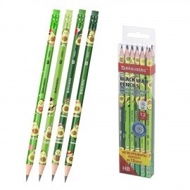 Набор карандашей чернографитных BRAUBERG "AVOCADO", 12 штук, HB, с ластиком, 182032