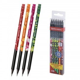 Набор карандашей чернографитных BRAUBERG "JUICY FRUIT", 12 штук, HB, с ластиком, корпус ассорти, 182034