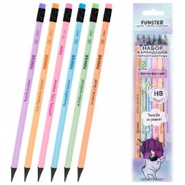 Набор карандашей чернографитных с мотивирующей надписью FUNSTER (ФАНСТЕР) FUNNY NOTES PSTL, 6 штук, HB, с ластиком, 182041
