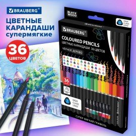 Карандаши цветные чёрное дерево BRAUBERG BLACK WOOD, 36 цветов, мягкий грифель, 182042
