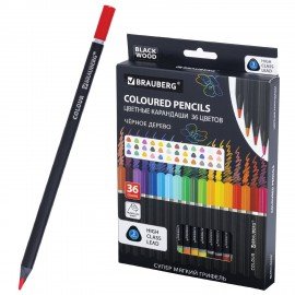 Карандаши цветные чёрное дерево BRAUBERG BLACK WOOD, 36 цветов, мягкий грифель, 182042