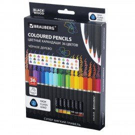 Карандаши цветные чёрное дерево BRAUBERG BLACK WOOD, 36 цветов, мягкий грифель, 182042