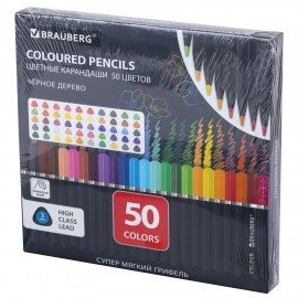 Карандаши цветные чёрное дерево BRAUBERG BLACK WOOD, 50 цветов, мягкий грифель, 182043