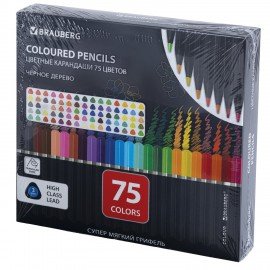 Карандаши цветные чёрное дерево BRAUBERG BLACK WOOD, 75 цветов, мягкий грифель, 182044