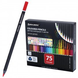 Карандаши цветные чёрное дерево BRAUBERG BLACK WOOD, 75 цветов, мягкий грифель, 182044