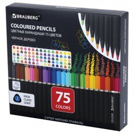 Карандаши цветные чёрное дерево BRAUBERG BLACK WOOD, 75 цветов, мягкий грифель, 182044