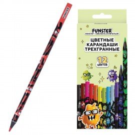 Карандаши цветные FUNSTER (ФАНСТЕР) МОНСТРИКИ, 12 цветов, черный корпус с принтом, трехгранные, 182065